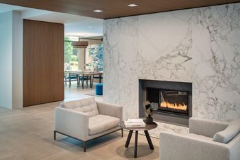 A living room with a fireplace and two chairs.